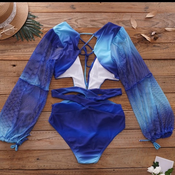 “The Turchino” Blue Dramatic Tie Dye Mesh Sleeve Swimsuit - Picture 2 of 4